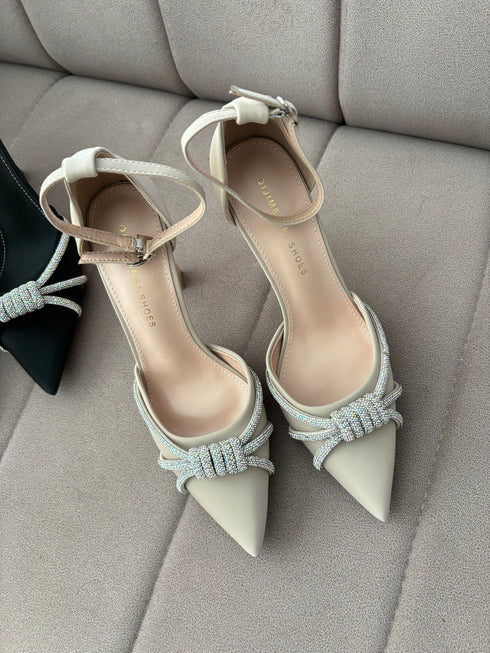 Rhinestone Embedded Pointy Toe Buckle Strap Heels